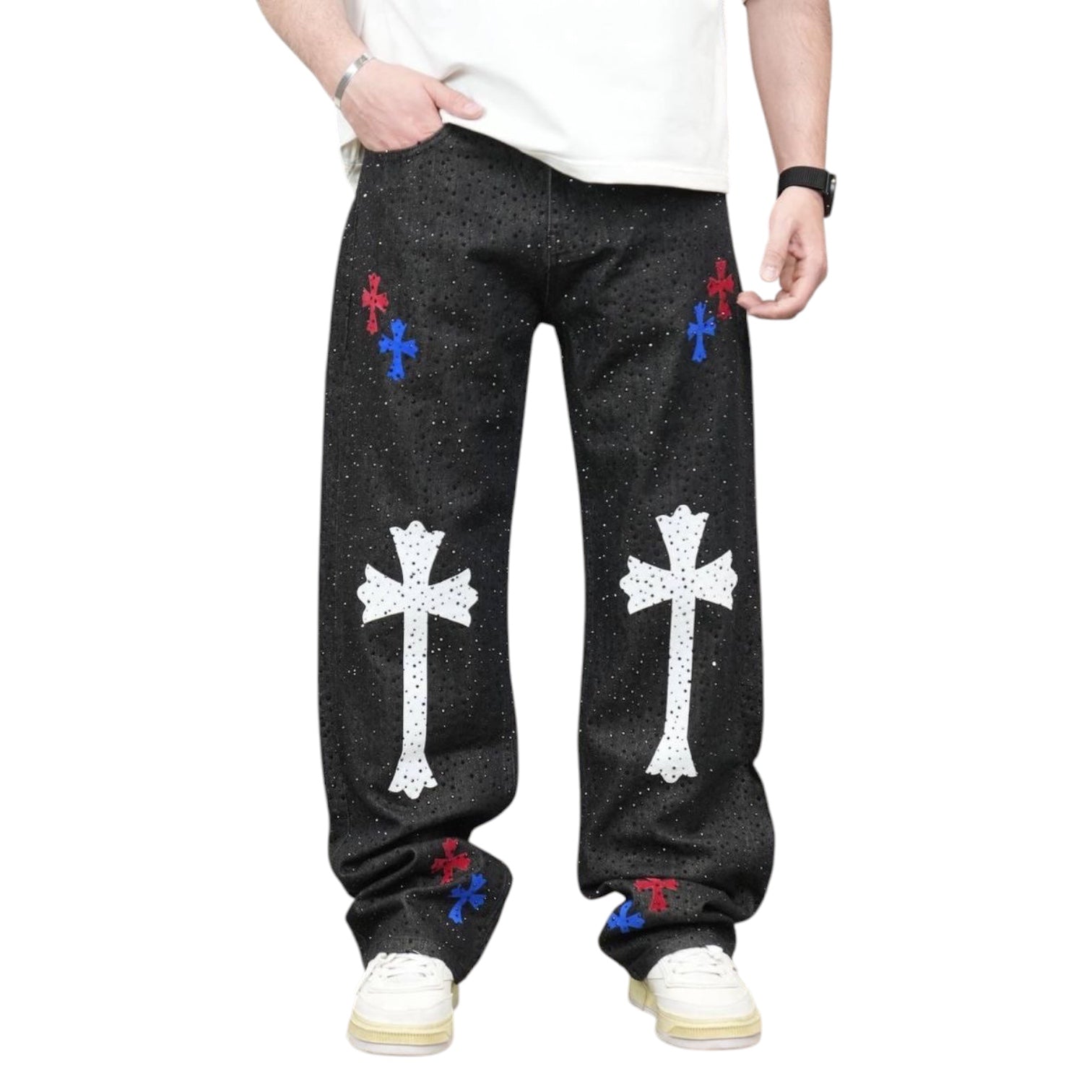 RICH GANG: Rhinestone Cross Baggy Denim 2Y97
